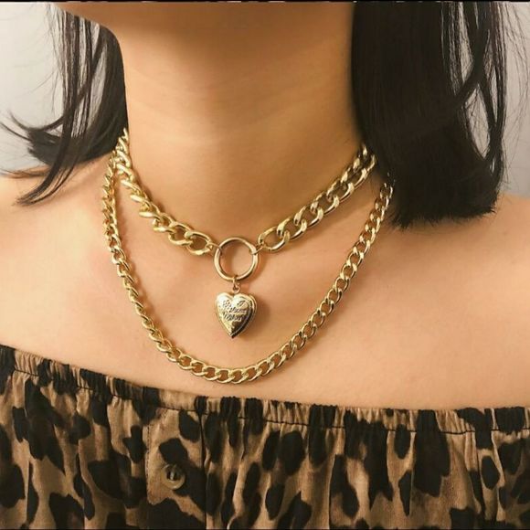 CHUNKY HEART❤ LOCKET DOUBLE CHAIN NECKLACE - Picture 4 of 16
